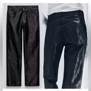 Zara NWT Women Satin Effect Mid Waist Pants Size 2 Black